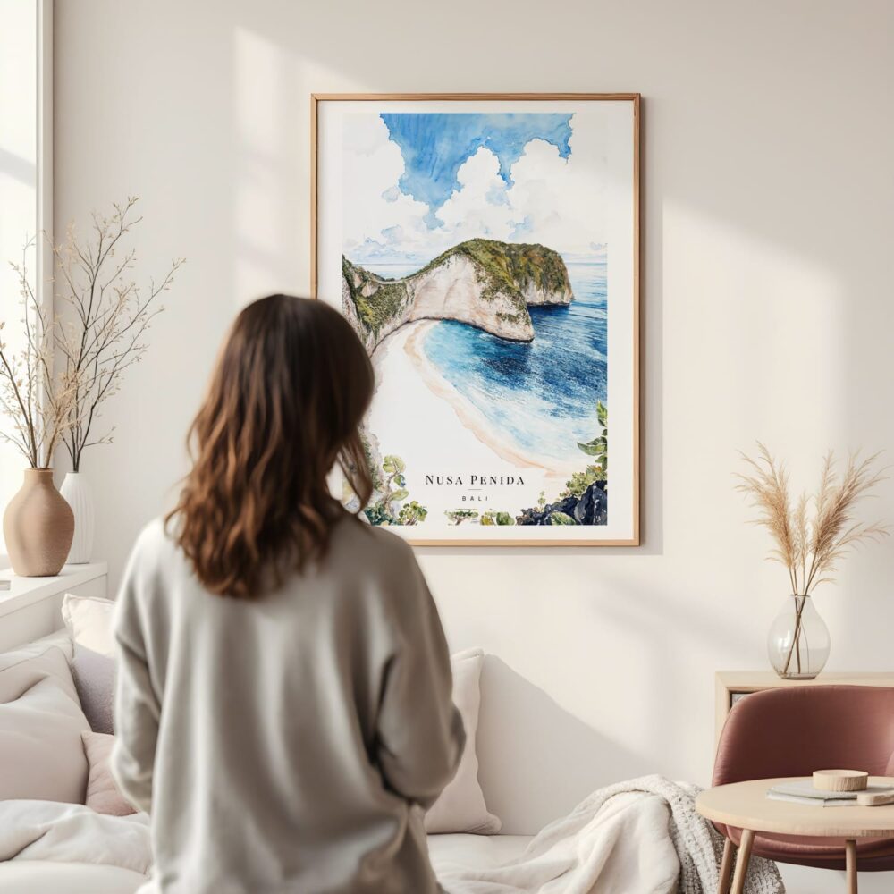 Framed Bali Nusa Penida Watercolor Wall Art - In Living Room with Woman Looking at it - Portrait Framed Bali Nusa Penida Watercolor Wall Art - In Living Room with Woman Looking at it - Portrait