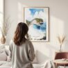 Framed Bali Nusa Penida Watercolor Wall Art - In Living Room with Woman Looking at it - Portrait