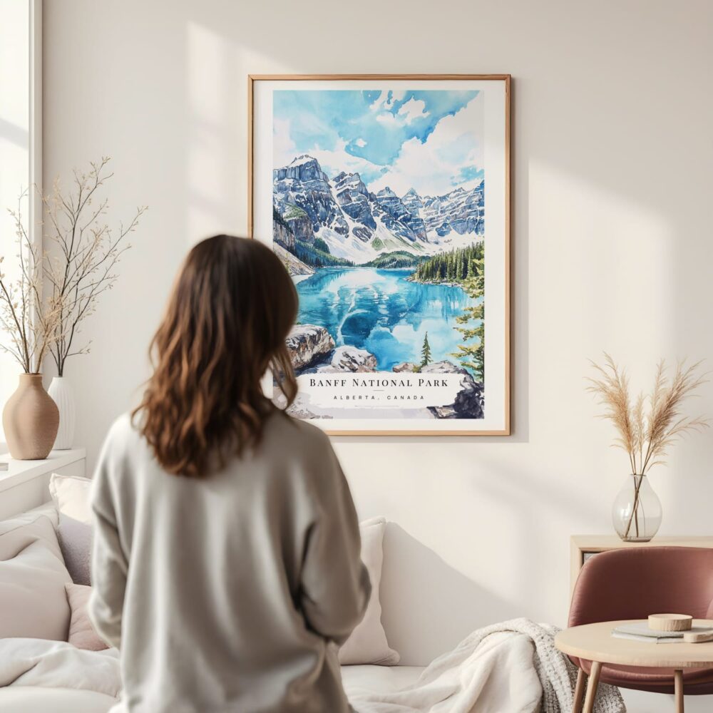 Framed Banff National Park Watercolor Wall Art - In Living Room with Woman Looking at it - Portrait Framed Banff National Park Watercolor Wall Art - In Living Room with Woman Looking at it - Portrait
