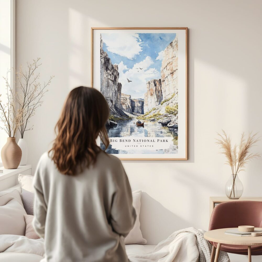 Framed Big Bend National Park Watercolor Wall Art - In Living Room with Woman Looking at it - Portrait Framed Big Bend National Park Watercolor Wall Art - In Living Room with Woman Looking at it - Portrait