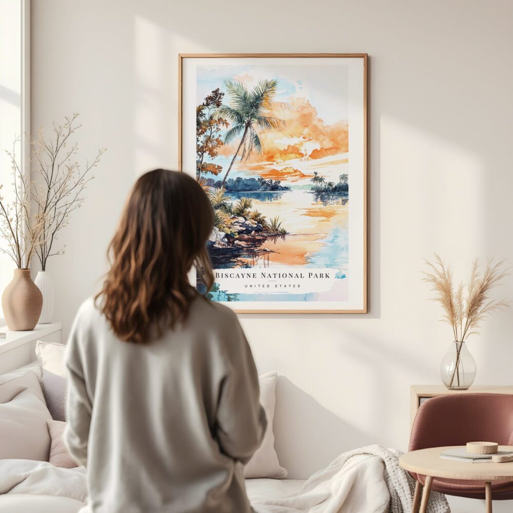 Framed Biscayne National Park Watercolor Wall Art - In Living Room with Woman Looking at it - Portrait Framed Biscayne National Park Watercolor Wall Art - In Living Room with Woman Looking at it - Portrait