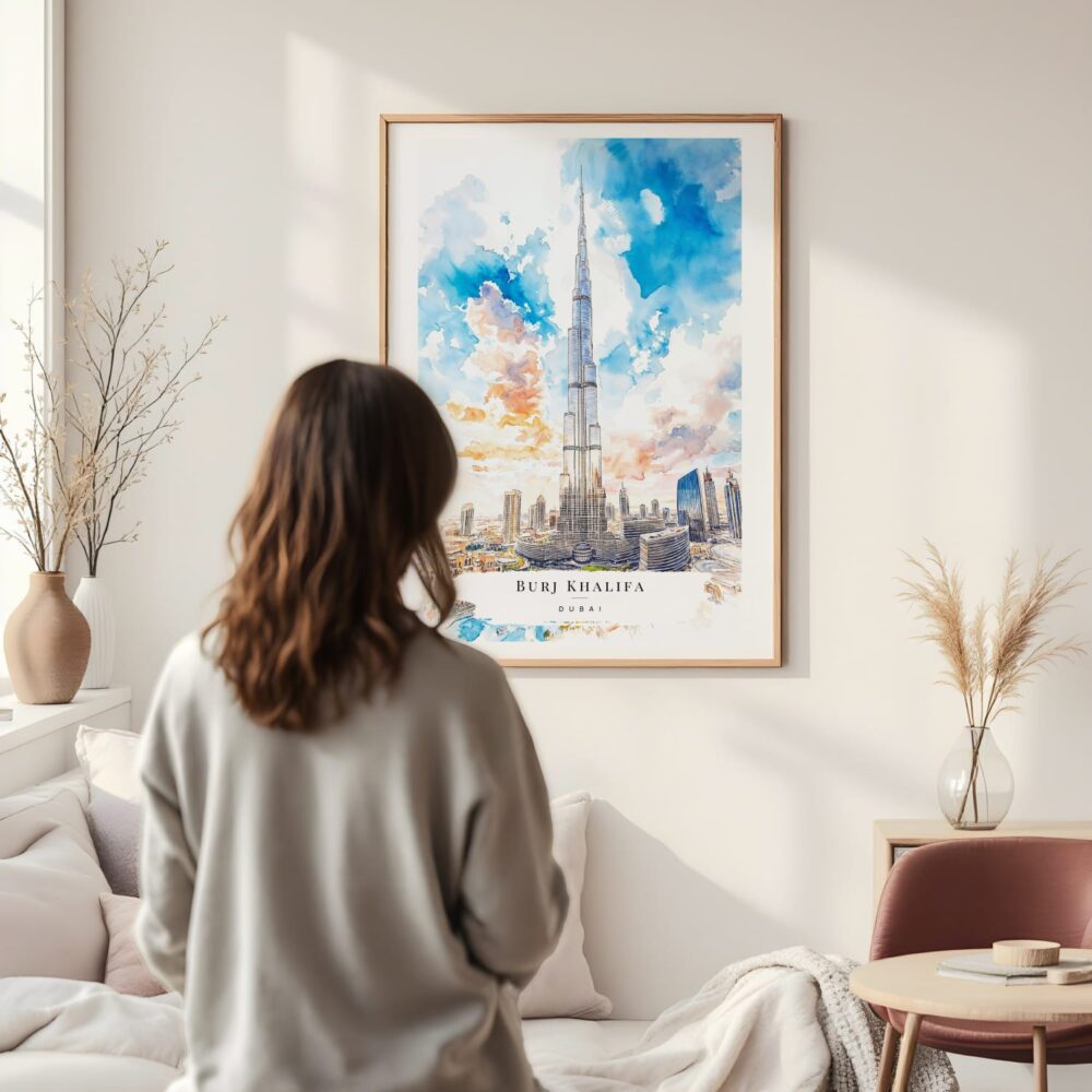 Framed Burj Khalifa Dubai Watercolor Wall Art - In Living Room with Woman Looking at it - Portrait Framed Burj Khalifa Dubai Watercolor Wall Art - In Living Room with Woman Looking at it - Portrait