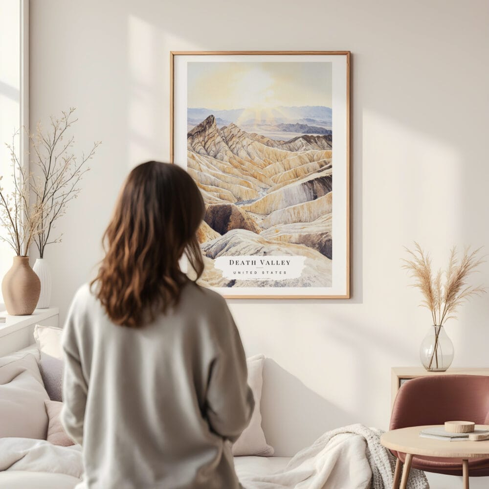 Framed Death Valley Watercolor Wall Art - In Living Room with Woman Looking at it - Portrait Framed Death Valley Watercolor Wall Art - In Living Room with Woman Looking at it - Portrait