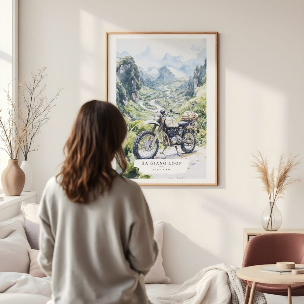 Framed Ha Giang Loop Vietnam Watercolor Wall Art - In Living Room with Woman Looking at it - Portrait Framed Ha Giang Loop Vietnam Watercolor Wall Art - In Living Room with Woman Looking at it - Portrait