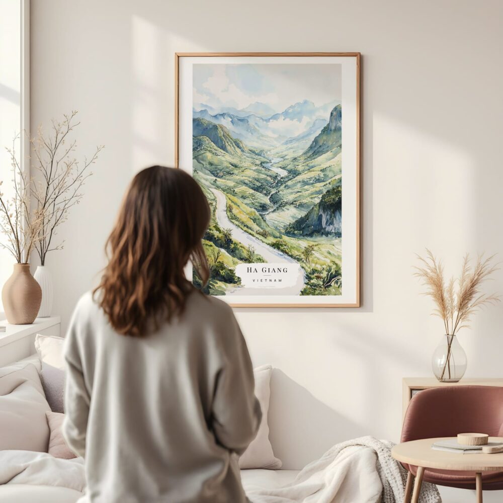 Framed Ha Giang Vietnam Watercolor Wall Art - In Living Room with Woman Looking at it - Portrait Framed Ha Giang Vietnam Watercolor Wall Art - In Living Room with Woman Looking at it - Portrait