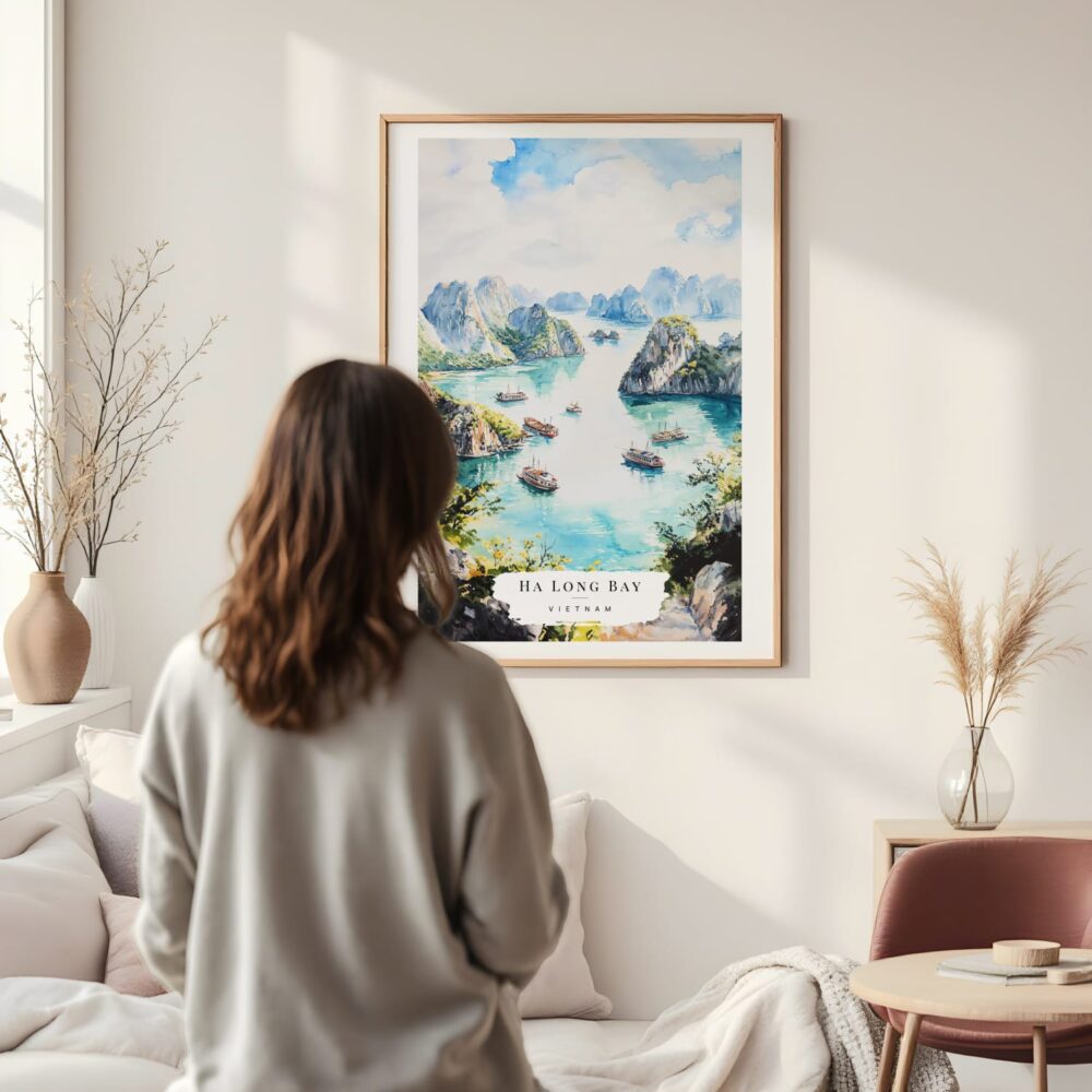 Framed Ha Long Bay Vietnam Watercolor Wall Art - In Living Room with Woman Looking at it - Portrait Framed Ha Long Bay Vietnam Watercolor Wall Art - In Living Room with Woman Looking at it - Portrait