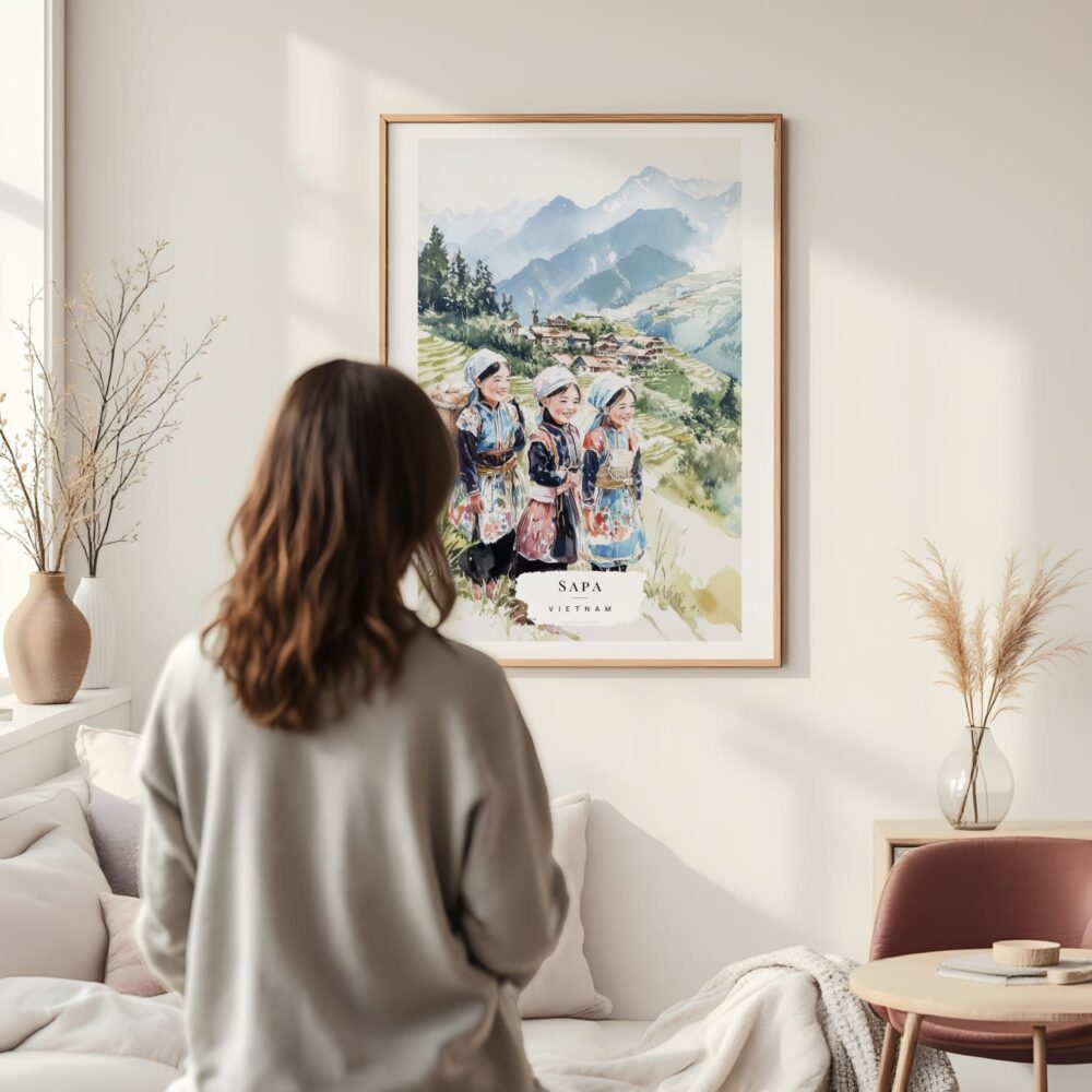 Framed Hmong People Sapa Watercolor Wall Art - In Living Room with Woman Looking at it - Portrait Framed Hmong People Sapa Watercolor Wall Art - In Living Room with Woman Looking at it - Portrait