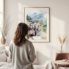 Framed Hmong People Sapa Watercolor Wall Art - In Living Room with Woman Looking at it - Portrait
