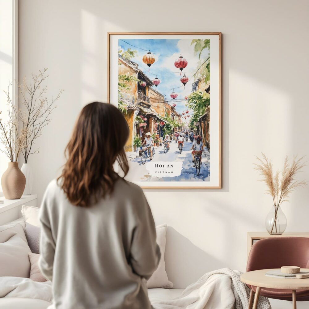 Framed Hoi An Vietnam Watercolor Wall Art - In Living Room with Woman Looking at it - Portrait Framed Hoi An Vietnam Watercolor Wall Art - In Living Room with Woman Looking at it - Portrait