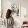 Framed Hoi An Vietnam Watercolor Wall Art - In Living Room with Woman Looking at it - Portrait