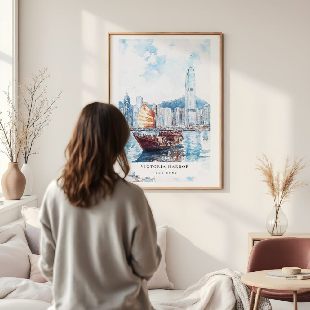 Framed Hong Kong Watercolor Wall Art - In Living Room with Woman Looking at it - Portrait Framed Hong Kong Watercolor Wall Art - In Living Room with Woman Looking at it - Portrait