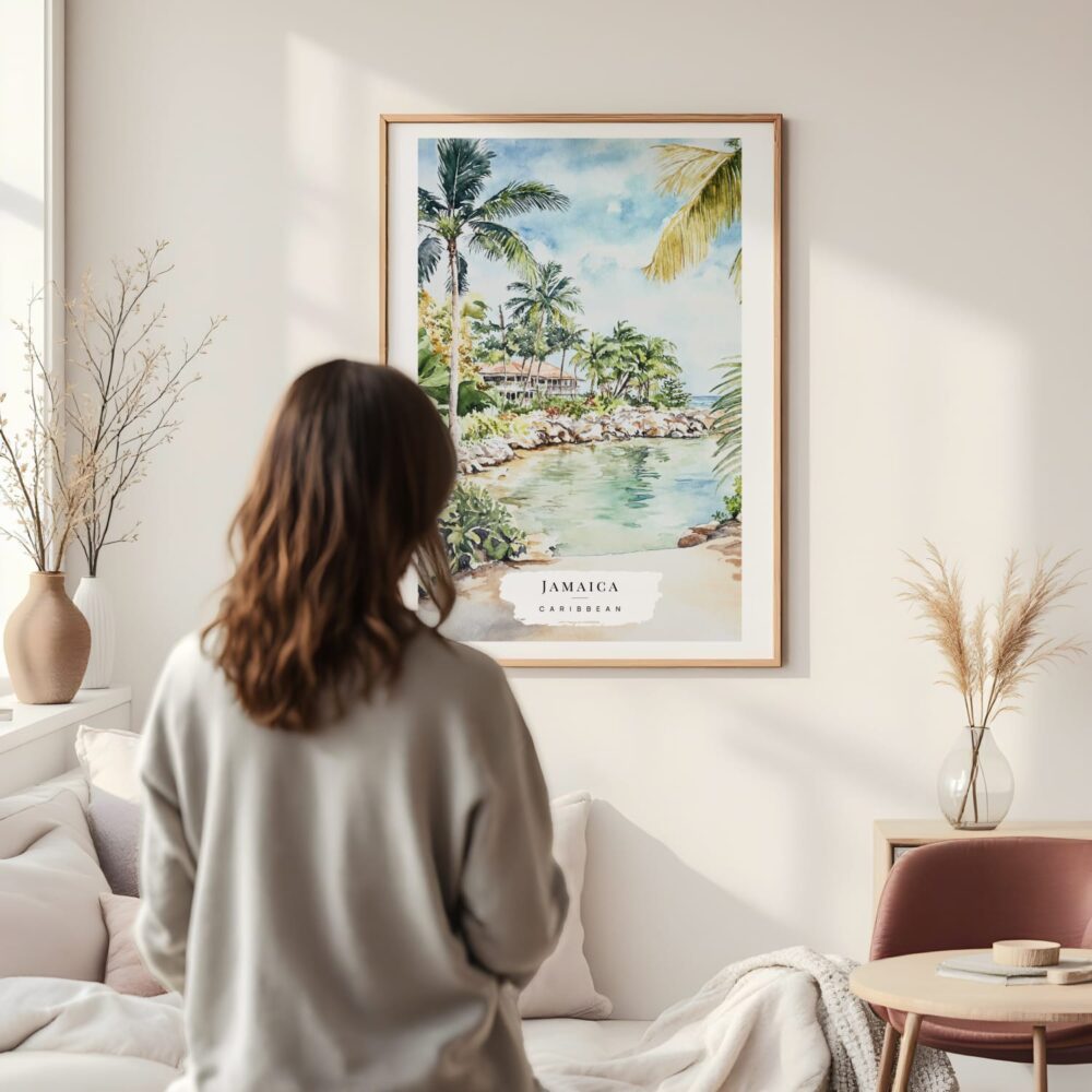Framed Jamaica Caribbean Island Watercolor Wall Art - In Living Room with Woman Looking at it - Portrait Framed Jamaica Caribbean Island Watercolor Wall Art - In Living Room with Woman Looking at it - Portrait