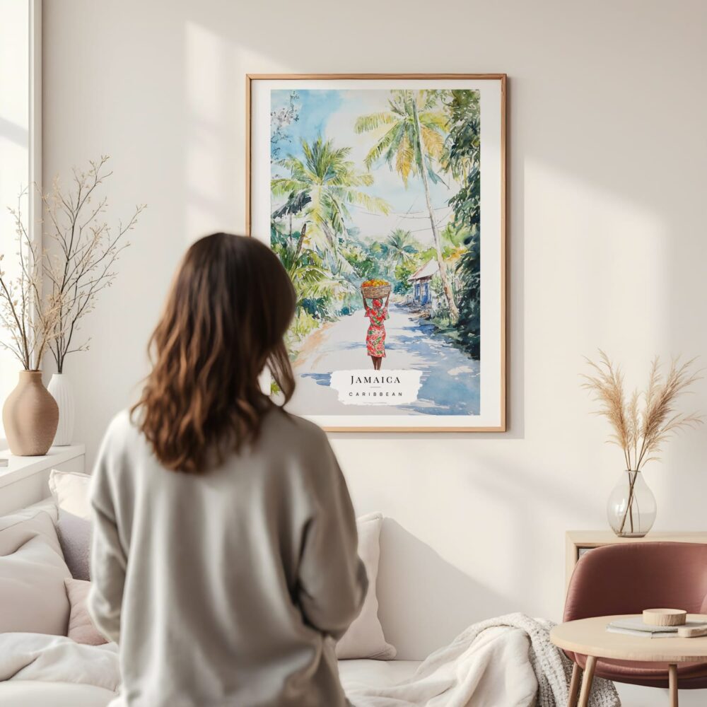 Framed Jamaica Woman Watercolor Wall Art - In Living Room with Woman Looking at it - Portrait Framed Jamaica Woman Watercolor Wall Art - In Living Room with Woman Looking at it - Portrait