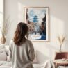 Framed Kathmandu Watercolor Wall Art - In Living Room with Woman Looking at it - Portrait