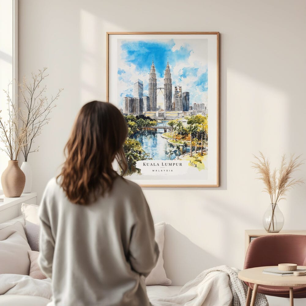 Framed Kuala Lumpur Watercolor Wall Art - In Living Room with Woman Looking at it - Portrait Framed Kuala Lumpur Watercolor Wall Art - In Living Room with Woman Looking at it - Portrait