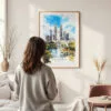 Framed Kuala Lumpur Watercolor Wall Art - In Living Room with Woman Looking at it - Portrait