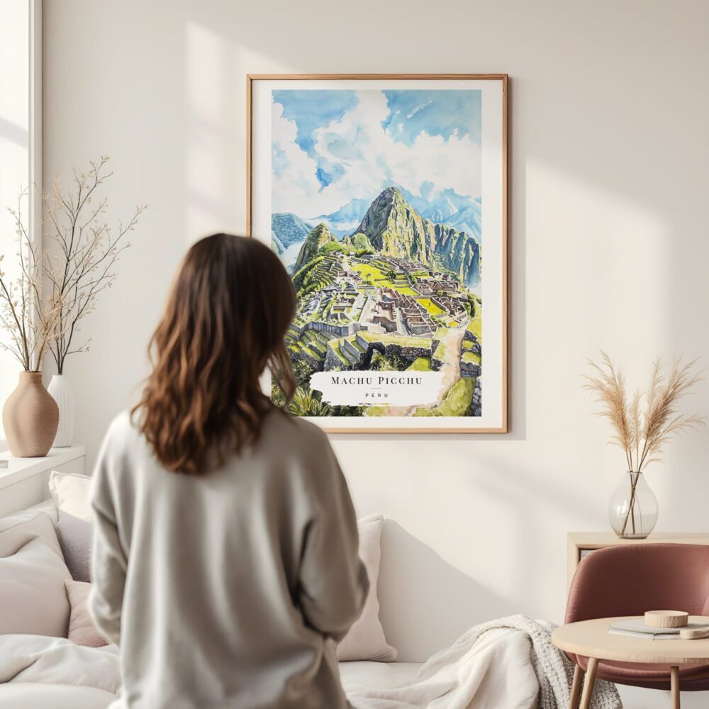 Framed Machu Picchu Watercolor Wall Art - In Living Room with Woman Looking at it - Portrait Framed Machu Picchu Watercolor Wall Art - In Living Room with Woman Looking at it - Portrait