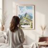 Framed Machu Picchu Watercolor Wall Art - In Living Room with Woman Looking at it - Portrait