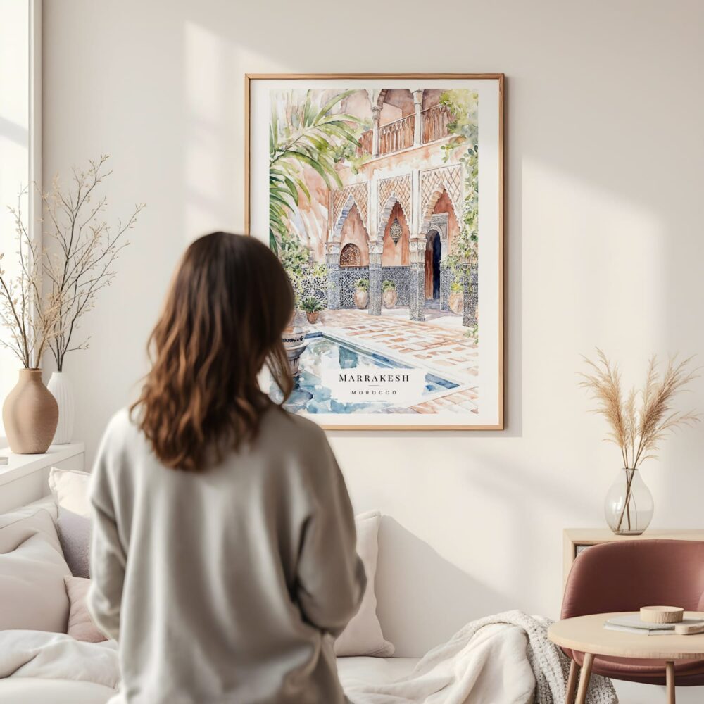 Framed Marrakesh Morocco Watercolor Wall Art - In Living Room with Woman Looking at it - Portrait Framed Marrakesh Morocco Watercolor Wall Art - In Living Room with Woman Looking at it - Portrait