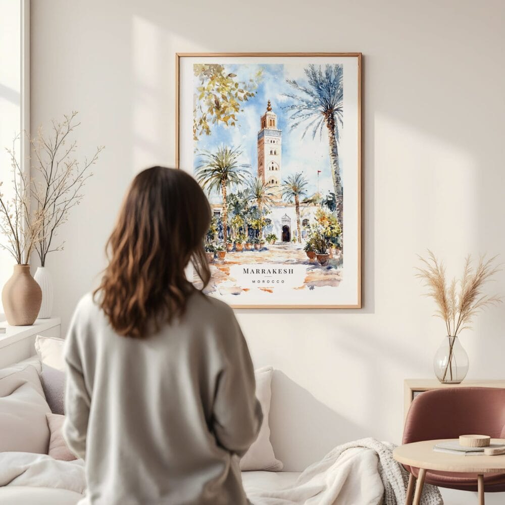 Framed Marrakesh Wall Art - In Living Room with Woman Looking at it - Portrait Framed Marrakesh Wall Art - In Living Room with Woman Looking at it - Portrait