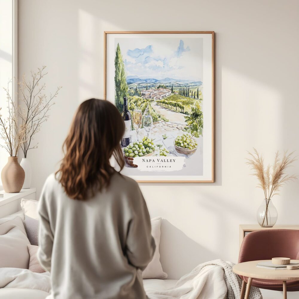 Framed Napa Valley Watercolor Wall Art - In Living Room with Woman Looking at it - Portrait Framed Napa Valley Watercolor Wall Art - In Living Room with Woman Looking at it - Portrait