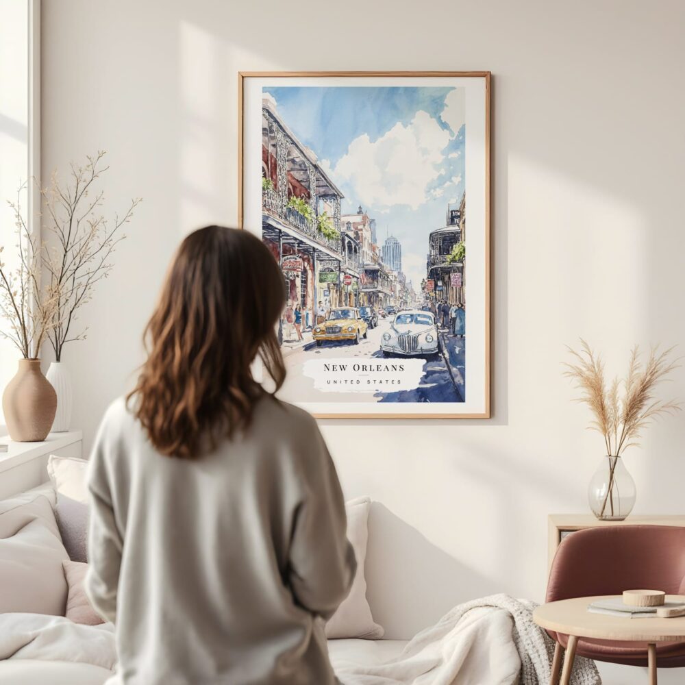 Framed New Orleans Bourbon Street Watercolor Wall Art - In Living Room with Woman Looking at it - Portrait Framed New Orleans Bourbon Street Watercolor Wall Art - In Living Room with Woman Looking at it - Portrait
