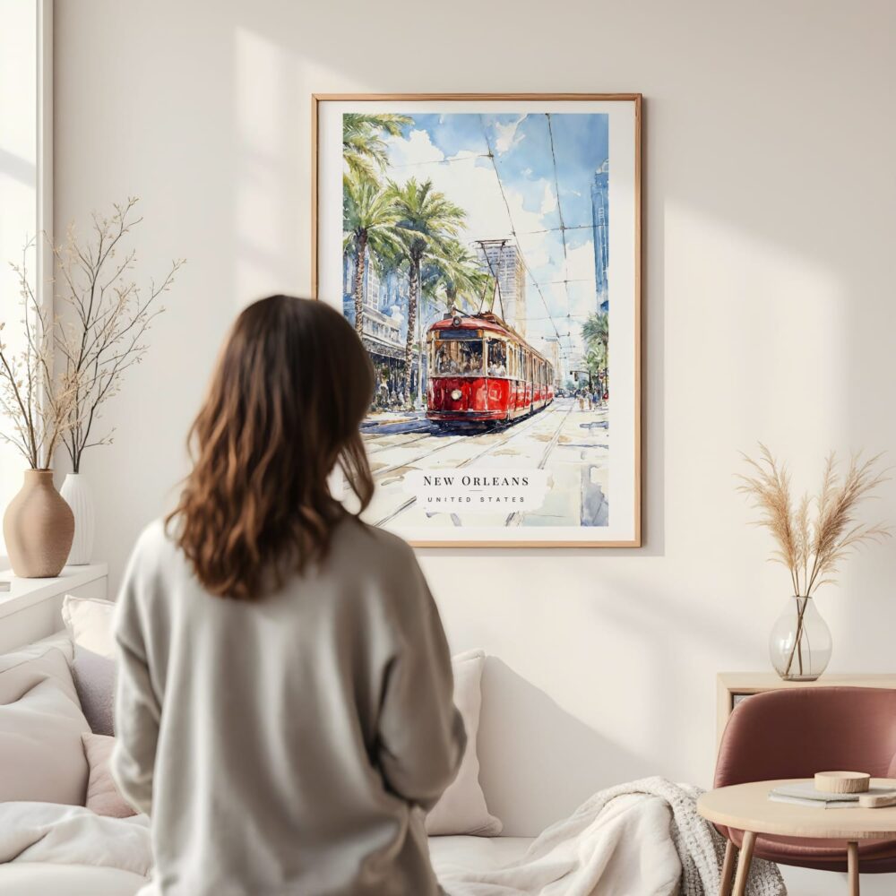 Framed New Orleans Canal Street Watercolor Wall Art - In Living Room with Woman Looking at it - Portrait Framed New Orleans Canal Street Watercolor Wall Art - In Living Room with Woman Looking at it - Portrait