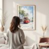 Framed New Orleans Canal Street Watercolor Wall Art - In Living Room with Woman Looking at it - Portrait