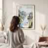 Framed Ninh Binh Vietnam Watercolor Wall Art - In Living Room with Woman Looking at it - Portrait