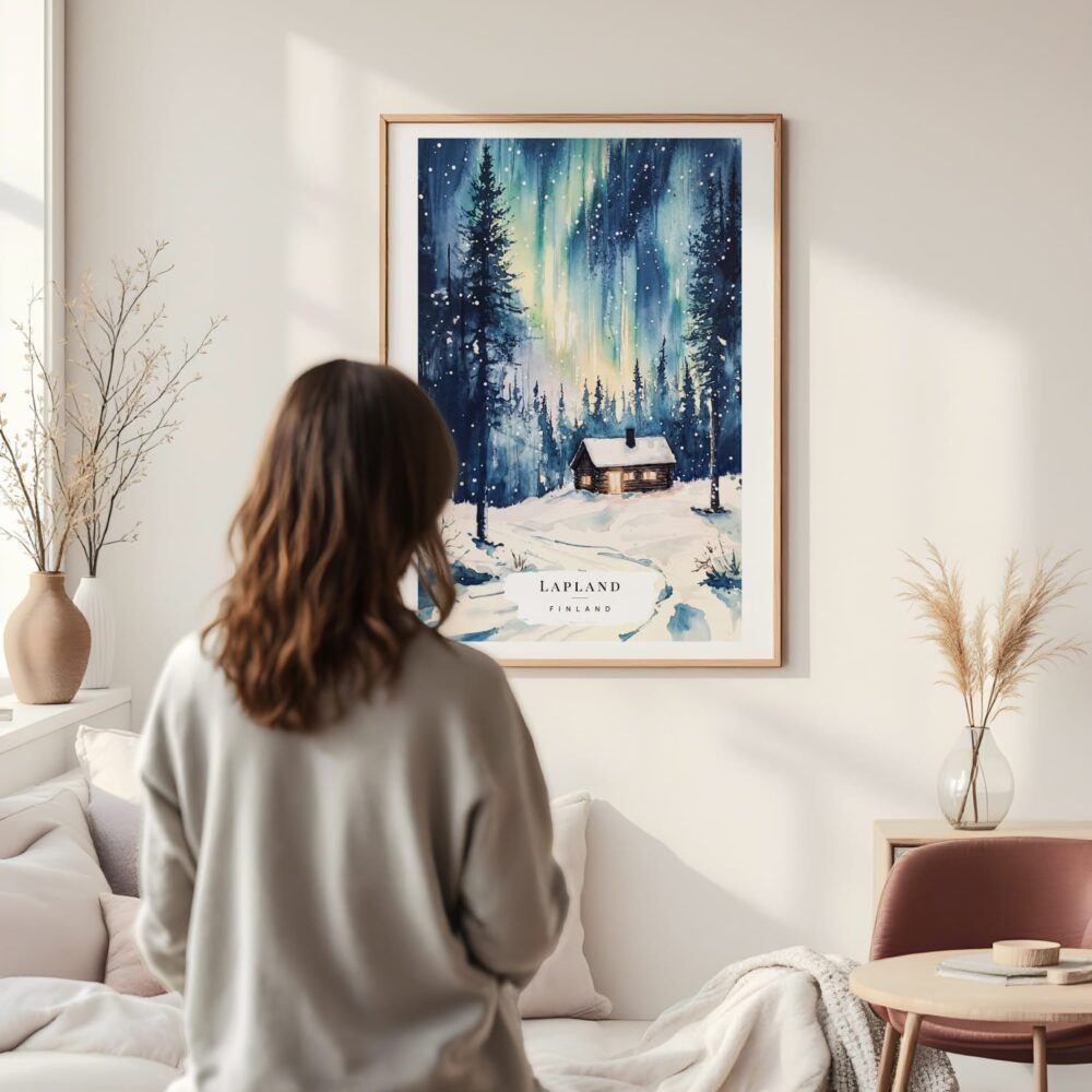 Framed Northern Lights Finland Watercolor Wall Art - In Living Room with Woman Looking at it - Portrait Framed Northern Lights Finland Watercolor Wall Art - In Living Room with Woman Looking at it - Portrait