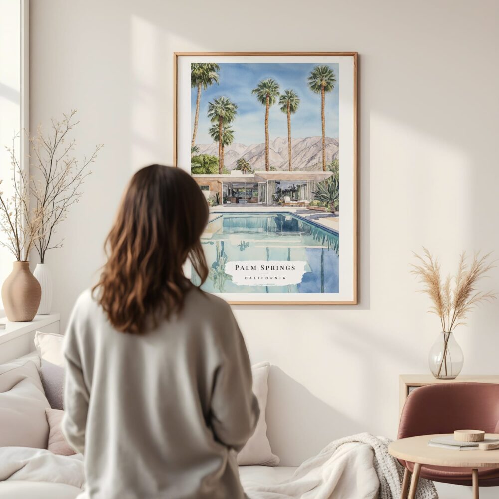 Framed Palm Springs Pool Villa Watercolor Wall Art - In Living Room with Woman Looking at it - Portrait Framed Palm Springs Pool Villa Watercolor Wall Art - In Living Room with Woman Looking at it - Portrait