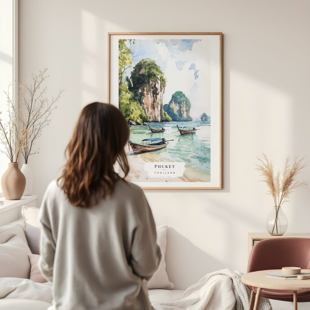 Framed Phuket Thailand Watercolor Wall Art - In Living Room with Woman Looking at it - Portrait Framed Phuket Thailand Watercolor Wall Art - In Living Room with Woman Looking at it - Portrait