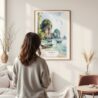 Framed Phuket Thailand Watercolor Wall Art - In Living Room with Woman Looking at it - Portrait