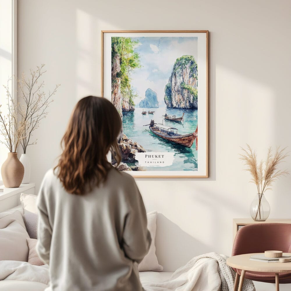 Framed Phuket Watercolor Wall Art - In Living Room with Woman Looking at it - Portrait Framed Phuket Watercolor Wall Art - In Living Room with Woman Looking at it - Portrait