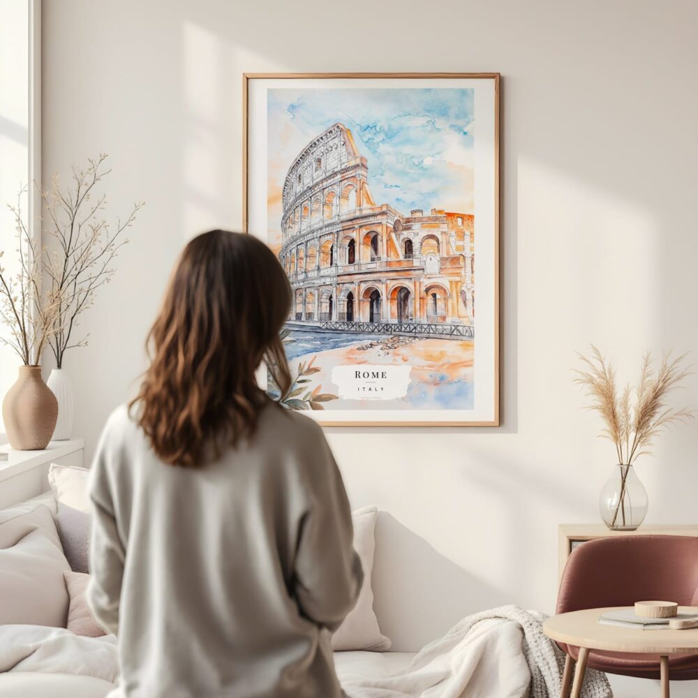 Framed Rome Colosseum Watercolor Wall Art - In Living Room with Woman Looking at it - Portrait Framed Rome Colosseum Watercolor Wall Art - In Living Room with Woman Looking at it - Portrait