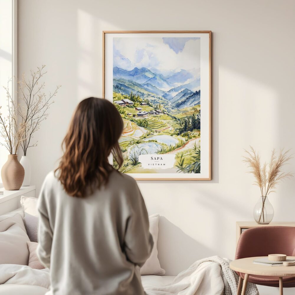 Framed Sapa Vietnam Watercolor Wall Art - In Living Room with Woman Looking at it - Portrait Framed Sapa Vietnam Watercolor Wall Art - In Living Room with Woman Looking at it - Portrait
