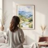 Framed Sapa Vietnam Watercolor Wall Art - In Living Room with Woman Looking at it - Portrait