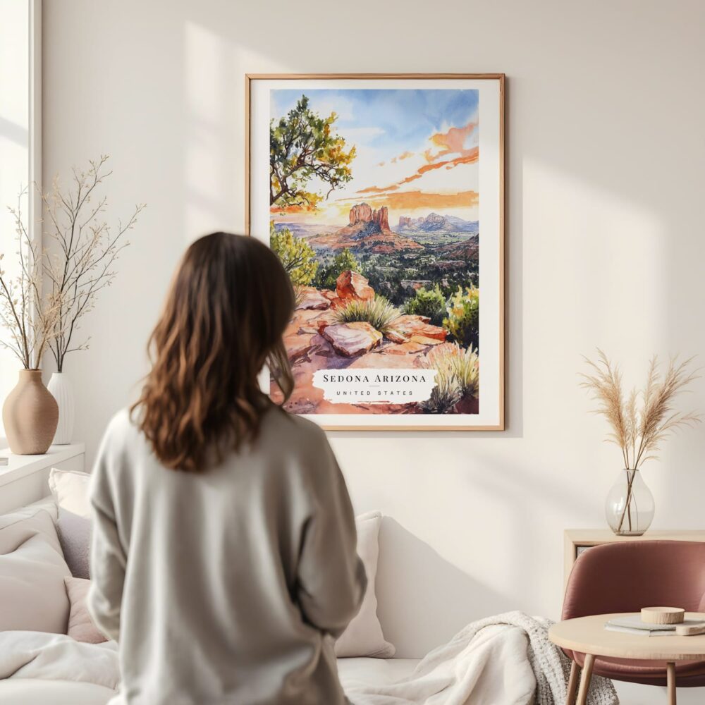 Framed Sedona Arizona Watercolor Wall Art - In Living Room with Woman Looking at it - Portrait Framed Sedona Arizona Watercolor Wall Art - In Living Room with Woman Looking at it - Portrait
