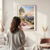 Framed Sedona Arizona Watercolor Wall Art - In Living Room with Woman Looking at it - Portrait