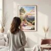 Framed Sedona Arizona Watercolor Wall Art - In Living Room with Woman Looking at it - Portrait