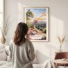 Framed Sedona Arizona Watercolor Wall Art - In Living Room with Woman Looking at it - Portrait