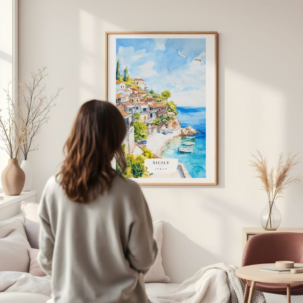 Framed Sicily Italy Watercolor Wall Art - In Living Room with Woman Looking at it - Portrait Framed Sicily Italy Watercolor Wall Art - In Living Room with Woman Looking at it - Portrait