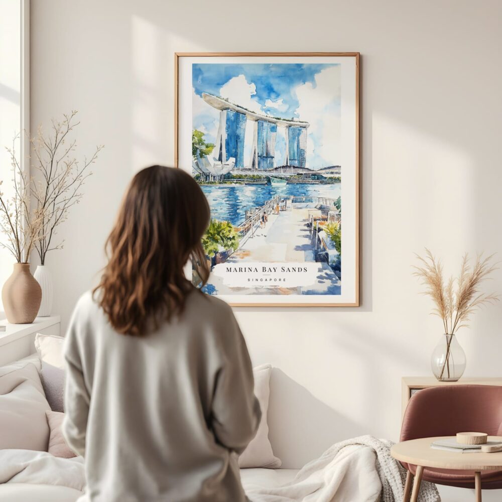 Framed Singapore Watercolor Wall Art - In Living Room with Woman Looking at it - Portrait Framed Singapore Watercolor Wall Art - In Living Room with Woman Looking at it - Portrait