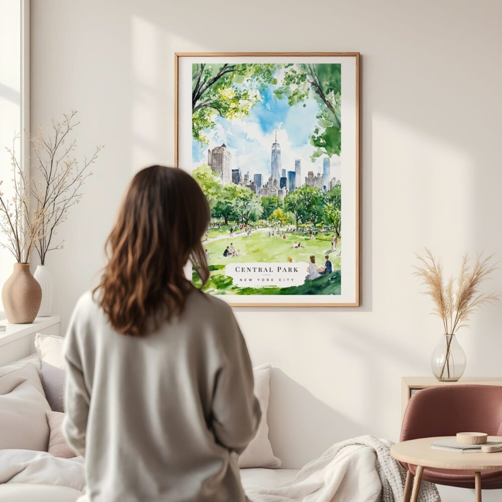 Framed Summer in Central Park New York Watercolor Wall Art - In Living Room with Woman Looking at it - Portrait Framed Summer in Central Park New York Watercolor Wall Art - In Living Room with Woman Looking at it - Portrait
