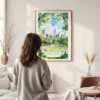 Framed Summer in Central Park New York Watercolor Wall Art - In Living Room with Woman Looking at it - Portrait