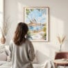 Framed Sydney Opera House Watercolor Wall Art - In Living Room with Woman Looking at it - Portrait