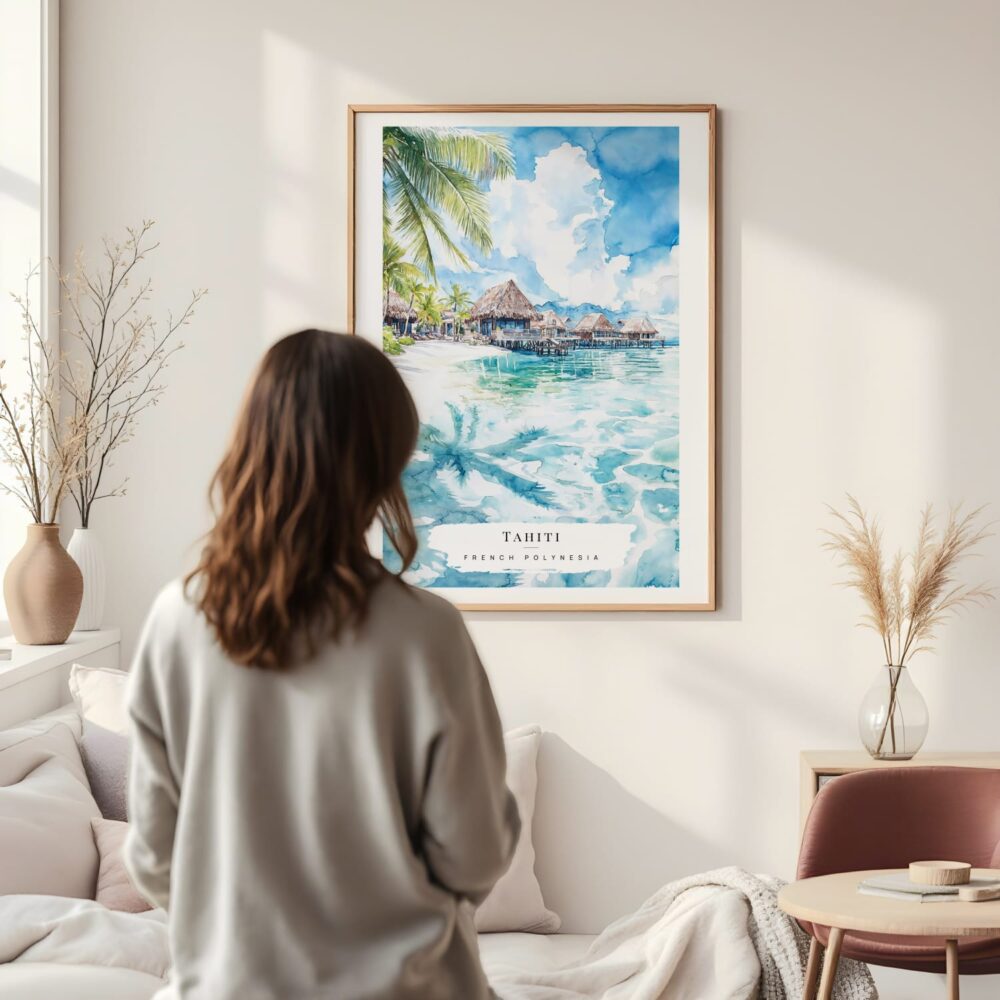 Framed Tahiti Watercolor Wall Art - In Living Room with Woman Looking at it - Portrait Framed Tahiti Watercolor Wall Art - In Living Room with Woman Looking at it - Portrait
