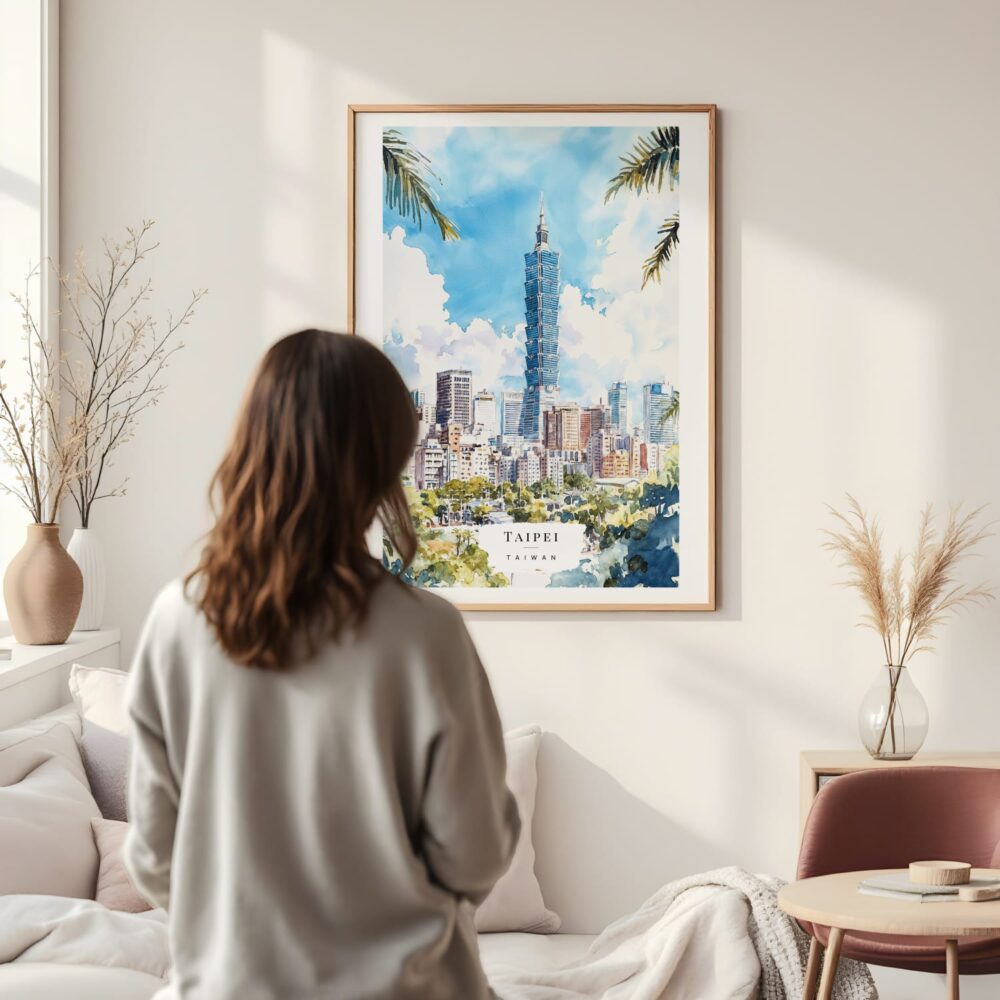 Framed Taipei Watercolor Wall Art - In Living Room with Woman Looking at it - Portrait Framed Taipei Watercolor Wall Art - In Living Room with Woman Looking at it - Portrait