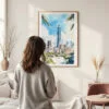 Framed Taipei Watercolor Wall Art - In Living Room with Woman Looking at it - Portrait
