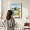 Framed Tam Cốc Ninh Binh Watercolor Wall Art - In Living Room with Woman Looking at it - Portrait